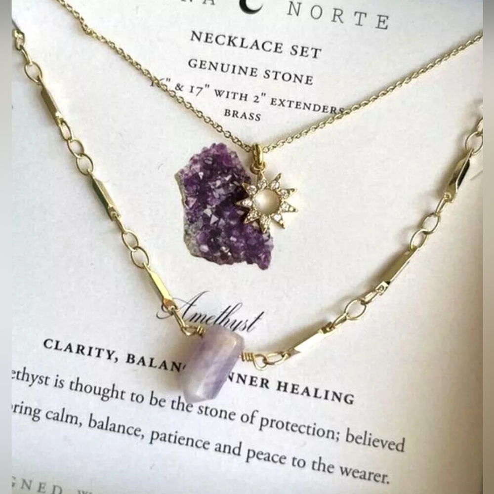 NWT LUNA NORTE LAYERED AMETHYST SHARD SUN PENDANT 14K GOLD PLATED NECKLACE SET